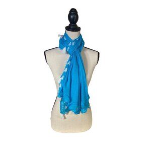 Vintage Womens Rectangle Scarf Blue White Embroidery Tassels Crinkled Boho Chic